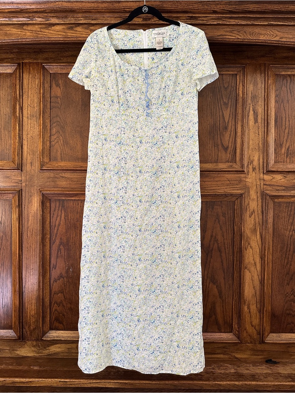 VINTAGE Liz Clairborne Villager Light Blue Floral Midi Linen Blend Dress Sz S Y2